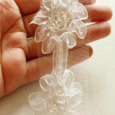 White Tissue Fabric Flower Lace Trim Border, Approx. 50mm wide